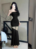 Net Yarn Spliced Green Sling Dress Women's Summer Fishtail Dress Design Feel-Bice Long Skirt