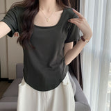 A And A And Shoulder-Necked Short-Sleeved T-Shirt For Women's European Summer New Gas-Retro-Retro-Ageed Fish Bone Short Shirt