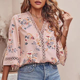 2025 Southeast Asian Summer New Loose V-Neck Temperament Commuter Horn Lace Jersey Chiffon