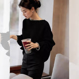 French Black Nail Beads Collar Knitted Women's New Languid Wind High Sense Loose Sweater Top