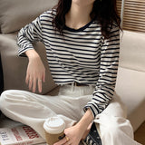 Pure Cotton Striped Bottoming Shirt Women In The Spring And Autumn Atmosphere Loose Thin With Long-Sleeved T-Shirt Casual Wear