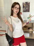 Summer Korean Texture White Round Neck Short Sleeve Top Women's New Letter Embroidery Design Chic Little T-Shirt