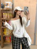 Pure Desire A Word Shoulder Gray Angle Shoulder Long-Sleeved T-Shirts For Women's Autumn Loose Bottom Shirt Languid Chic Beauty Top