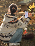 Fair Island Vintage Hooded Sweater Coat Women's Autumn/Winter Lazy Wind Wears Soft-Shough Knits Design T-Shirt