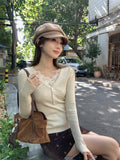 Purely Sexy Lace Side Pit Knitted Bottom Shirt Women Spring And Autumn V-Neck Button Slimmed Inside The Top