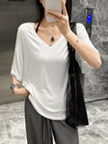 Lazy Boyfriend Wind Loose Deep V-Neck Half-Sleeved T-Shirt Girl Summer Leisure Long-Term Large Version Of The Pure Color Top Tide