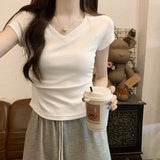 The Design Of The V-Neck Feels The Waist-Skinny Short-Sleeved Cotton T-Shirt Women's Summer Temperament Short-Term Irregularly Set Up On The Shoulder