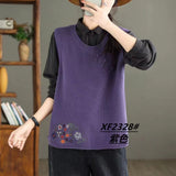 Vintage Art Buckle Embroidered Knitted Vest For Women's Extra-In-2025 Spring New Round-Neck Cotton Sweater Vest