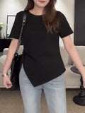 Irregular Opening Fork Straight Shoulder Short-Sleeved Women's T-Shirt Summer Large-Size Fat Mm Cover Big Thin Loose Design Top