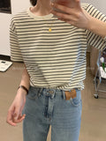 Pure Cotton Waffle Striped Short-Sleeved T-Shirts For Women's Niche Design Round-Neck Korean Loose Basics Of Absley Top