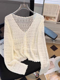 White Hollow Knitted Cardigan Girl Thin Long-Sleeved Ice Silk Shawl With Sling Skirt Air-Conditioning Shirt Summer
