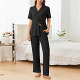 Autumn And Winter Ladies Homewear Suit Short Sleeve Trousers Jersey Flipping Pajamas Set