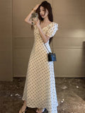 French Wave Point Bubble Sleeve Dress Women's Summer Seaside Vacation Gentle Wind Waist Temperament Unique Beautiful Dress
