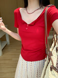 Red Button Half-Neck Round Sleeve 2026 Summer New Folding Repair Slimming Hottie Short Top