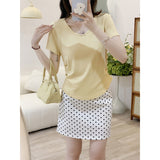 Milk Yellow White Sweet Hottie Low-Necked Short-Sleeved Woman Shoulder T-Shirt Summer Design Folds To Receive Collarbone Top