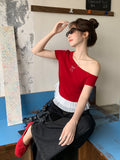 Red Oblique Shoulder Bow Design Sense Short-Sleeved T-Shirt For Women's New Lace Lace Splicing Tops In Summer 2026