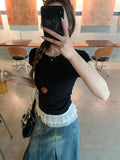 Sweet Age-Rearing Lace Spliced Hem Short-Sleeved T-Shirt 2026 Summer Ballet Style Folding Top