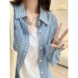 Small Fresh Blue Plaid Long-Sleeved Shirt Women Spring And Autumn New Design Sense Loose Thin Lazy Shirt Top