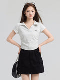Pure Cotton Youth College Style POLO Shirt Shoulder Short Sleeve T-Shirt Female Collar Bow Embroidery Wrinkles Waist Top