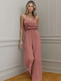 New Commuting Style Solid Fashion Tight Waist Wide Legs Slings Jump-Joint Pants