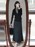 Black And Gray Two Knitted Shirt Women 2025 Early Autumn New Design Feeling Autumn And Winter Han Line Wearing A Chic Top