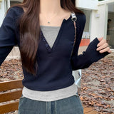 Cunct Button Bump Color Fake Two V-Neck Long-Sleeved T-Shirt Girls Spring And Autumn Slimming Hot Girls Short Bottom Shirt Top