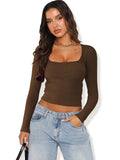 2025 New Long-Sleeved T-Shirt Women's Fashion Brand Slim Lace Spliced Hottie Top U Collar Thin Bottom Shirt