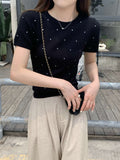 Round Neck Wave Point Short-Sleeved Knitted T-Shirt Girl New Summer Shoulder High-End Small Incense Half-Sleeved Top 2025 Explosion