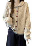 Large-Size Fat Mm Spring And Autumn Retro Love Buckle Lazy Doll Collared Sesame Sweater Women's Loose Knitwear Coat