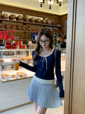 Tibetan Blue Wood Ear Long-Sleeved T-Shirt 2026 Spring Korean Design Fake Two Stitching Bottom Of The Coat