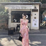 French Tea Break Pink Crumped Hanging Dress Women Summer Waist Skirt Temperament Seaside Vacation Dress