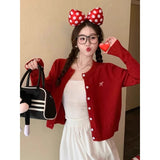 Anzora Red Embroidered Round Collar Long-Sleeved Knitted Sweater Cardigan Women Autumn Fashion Wearing Loose Coat Top