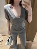 Summer Lazy Wind Loose V-Neck Blouse 2025 New Short-Sleeved T-Shirt Women's Bat Sleeve Shirt Ins