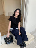 Black Lotus Leaf Side Splicing Short-Sleeved T-Shirt Women's Spring And Summer Chic Design Folded Through The Round Collar Temperament Bottom Shirt