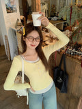 Milk Yellow Fake Two Broken Flowers Long-Sleeved T-Shirt 2026 Spring Gentle Sweet Inside A Small Beautiful Top
