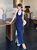 French Holiday Style Blue Hanging Neck Hanging Flower Joint Dress Women's Summer 2026 New Open Lace Dress