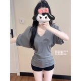 Lazy Wind Loose Thin V-Neck Short-Sleeved T-Shirt Girl 2025 New Bat Sleeves With Fashion Temperament