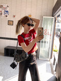 Red Lazy Wind Shoulder Short Sleeve T-Shirt 2026 Summer New Round-Neck Letter Print Loose Thin Top