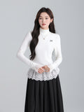 White Half-High Collar Lace Hem Bow Grinding Hair Plus Long-Sleeved T-Shirt In Autumn And Winter Shirt