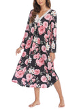 Winter Lady Pyjamas Imitation Cotton Print Lace Splicing V Collar Long Sleeve Long Skirt Home Dress Pyjamas Female