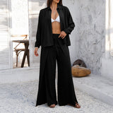 Dili 2025 Spring And Summer Leisure Holiday Wind Solid Shirt Broad Leg Trousers Women's Clothing 2 Sets
