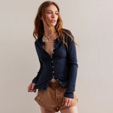 Fashion Hot New Long-Sleeved Round Neck Collar Button Ribs 2025 Women's Autumn And Winter Warm Design Feel Cardigan
