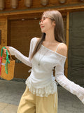Korean Collared Long-Sleeved T-Shirt Girl Spring New Lace Spliced Under The Hem Wrinkled Thin Temperament Small Blouse
