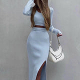 Hot Women's Clothing Solid Color Knitted Long-Sleeved T-Shirt Set Half-Body Fork Bag Hip Skirt Two