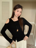 Design Chic Temperament Oblique Shoulder Long-Sleeved T-Shirt Autumn New Irregular Opening Open Fork And Dew Shoulder