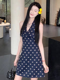 French Temperament Blue V Neck Hanging Dress Skirt Women Summer New Seaside Holiday Style Wear