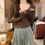 U Collar Shoulder Short Long-Sleeved T-Shirt Girl Autumn New Gray Simple Hot Girl Style Bottom Shirt
