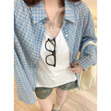 Small Fresh Blue Plaid Long-Sleeved Shirt Women Spring And Autumn New Design Sense Loose Thin Lazy Shirt Top
