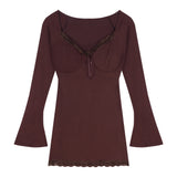 Brown Sexy V-Necked Long-Sleeved Dress Woman Autumn Lace Inside The Little Mother Dress Tight Waist-Up Ass Skirt