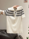 Korean Button Half-Neck Short-Sleeved T-Shirt Striped Knitted Dress Slim Slimmed Summer Beautiful Slim Slim Slim Small Top
